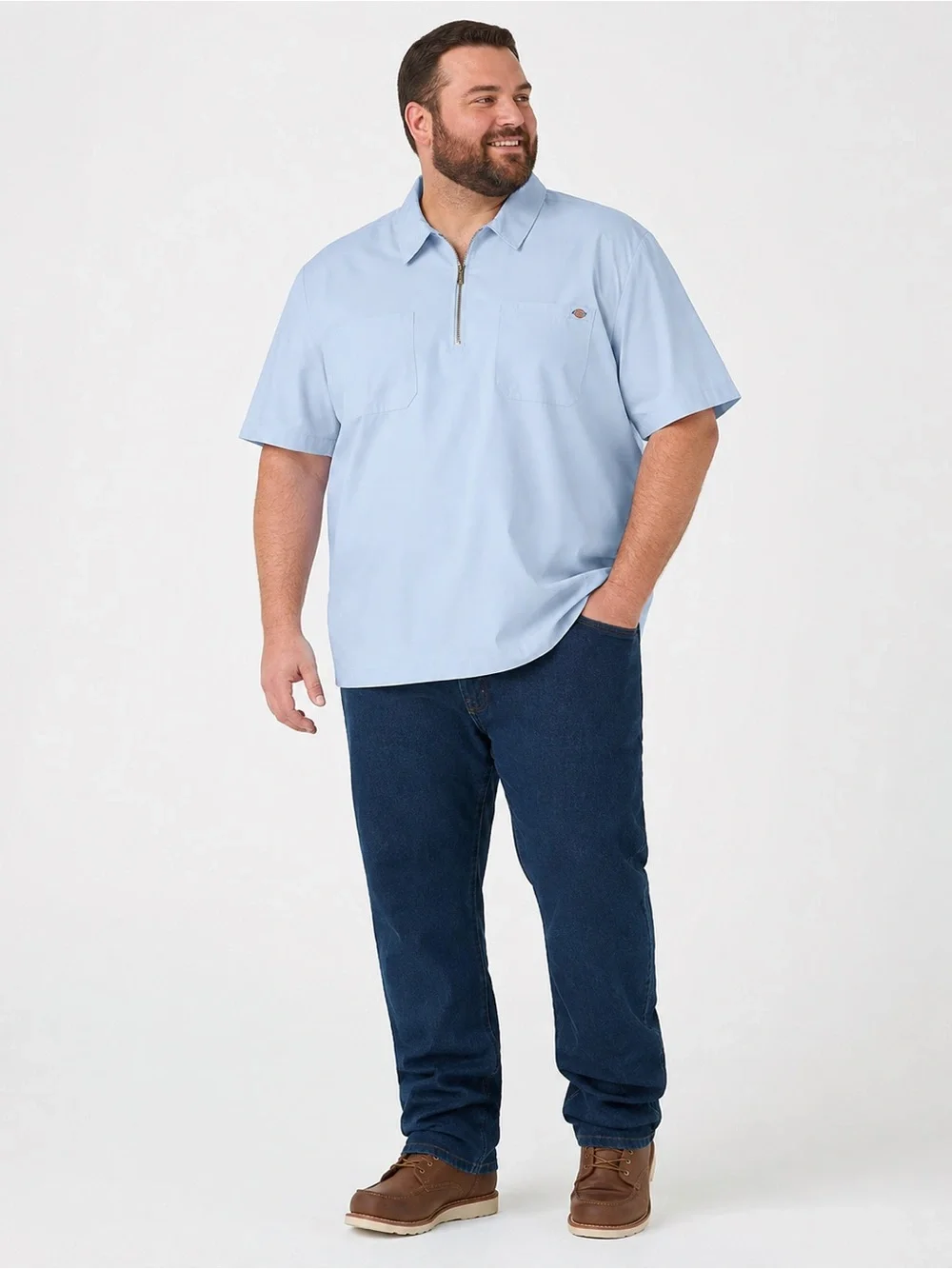 Mens Dickies Baby Blue Polo Zip Oversized Woven Work Shirt Top Large L NWT